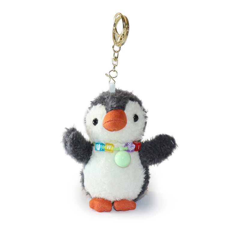 Plush penguin keychain with colorful beads on a white background