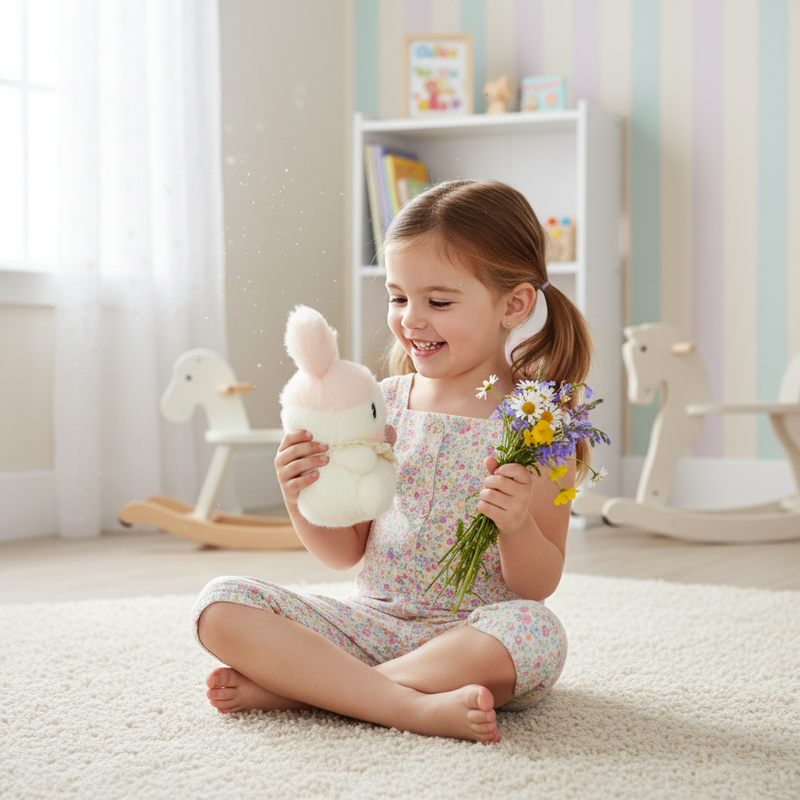 Child holding a stuffed bunny and flowers in a bright, child-friendly room.