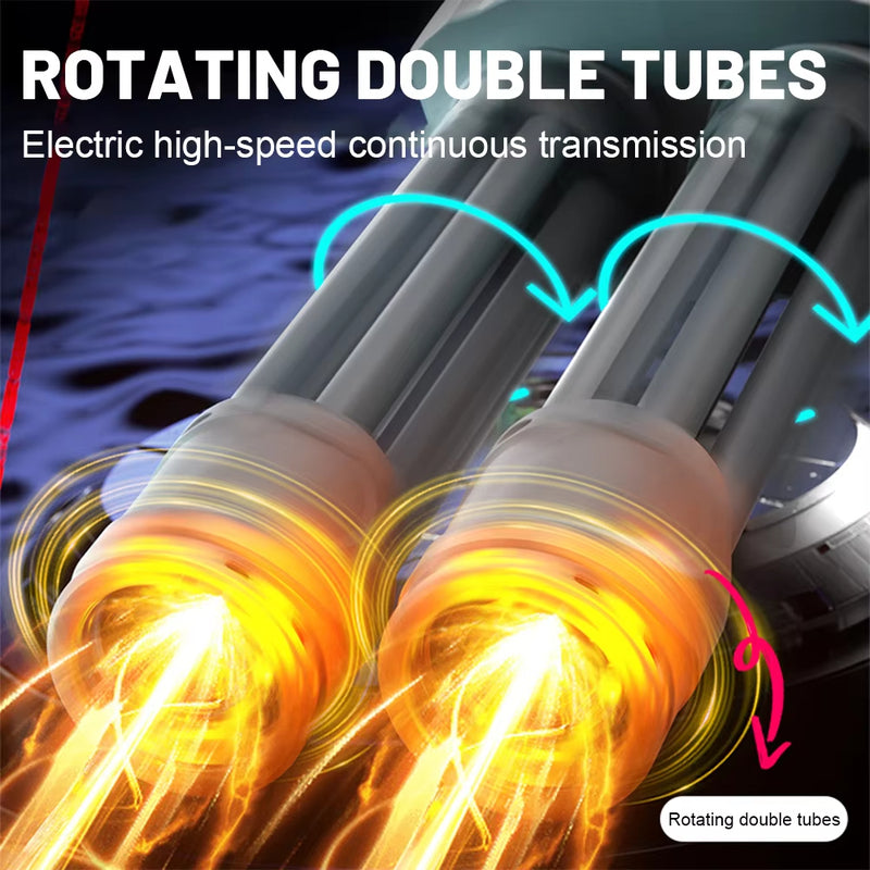 Illustration of rotating double tubes with glowing ends and text about electric high-speed continuous transmission.