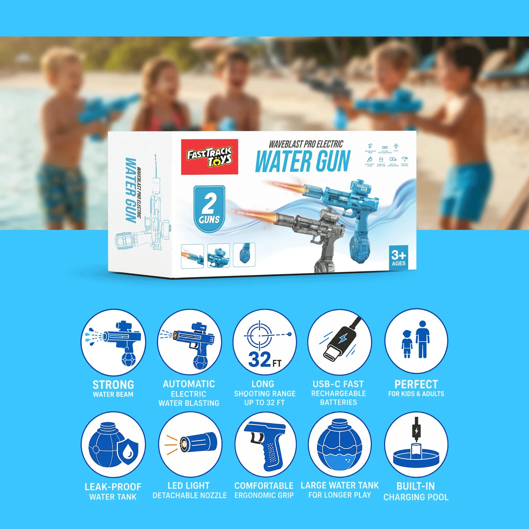 Waveblast Pro Electric Water Gun 2-Pack | Auto Squirt, 32 FT Range, LED, USB-C | Kids & Adults