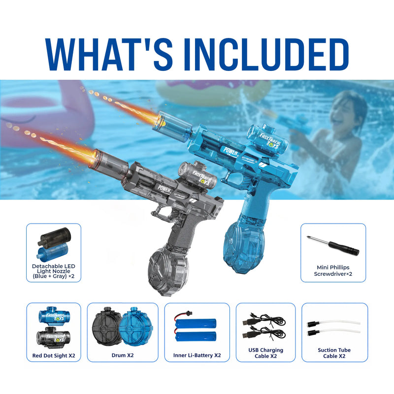 Waveblast Pro Electric Water Gun 2-Pack | Auto Squirt, 32 FT Range, LED, USB-C | Kids & Adults
