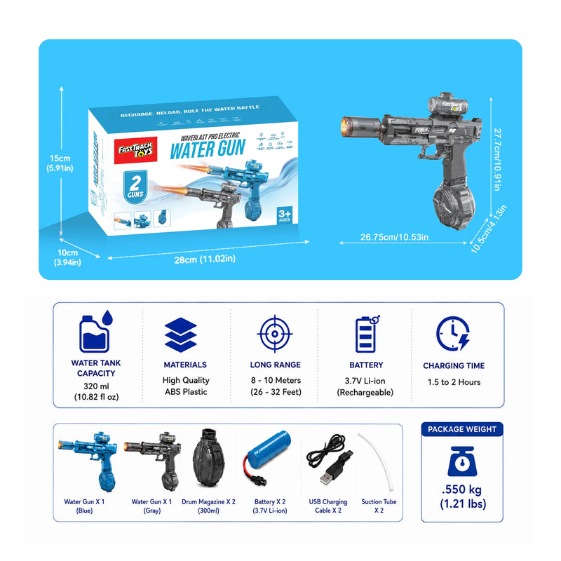 Waveblast Pro Electric Water Gun 2-Pack | Auto Squirt, 32 FT Range, LED, USB-C | Kids & Adults