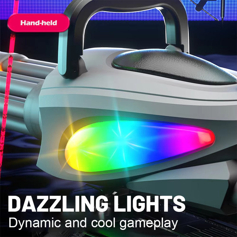 Handheld gaming device with colorful lights and text 'Hand-held' and 'DAZZLING LIGHTS Dynamic and cool gameplay'.