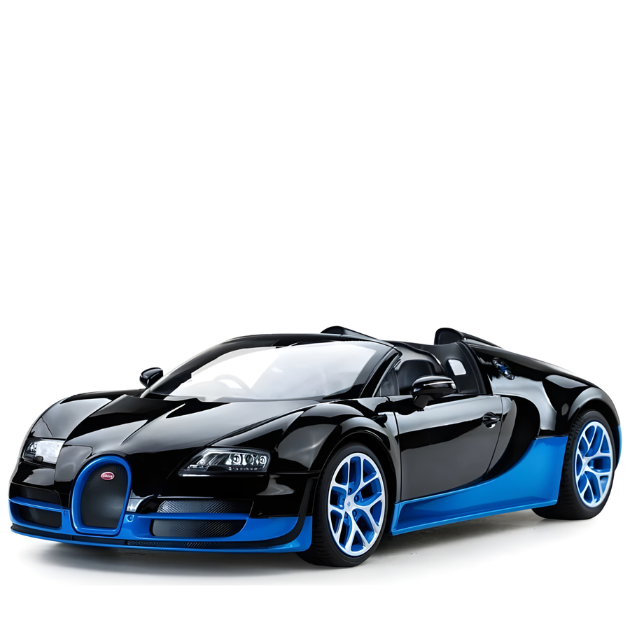 Black and blue sports car on a white background