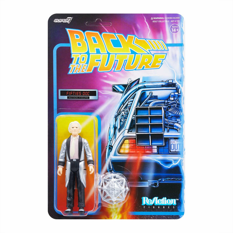 Action figure packaging from 'Back to the Future' with DeLorean and character on a colorful background