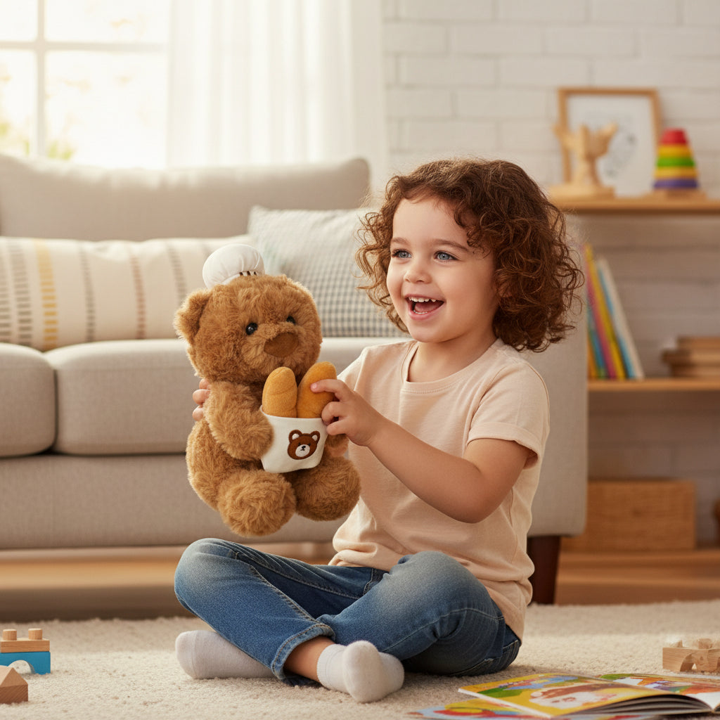 Brown teddy bear holding a small bag with a bear design on a white background