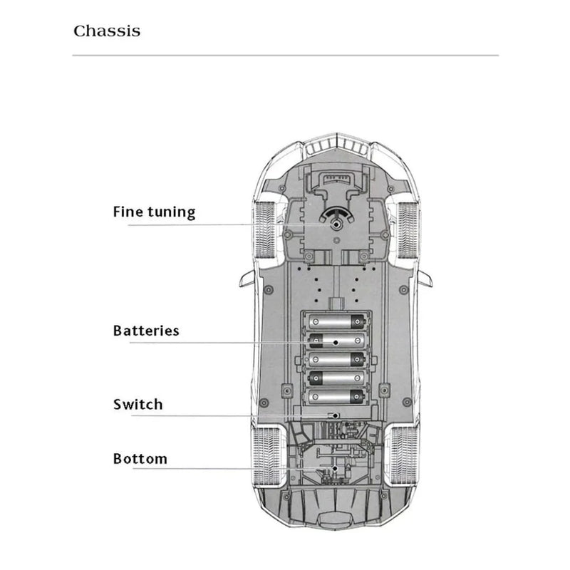 Chassis diagram of the Bentley Continental GT remote control toy car, showing components including fine tuning, battery compartment, switch, and bottom layout.