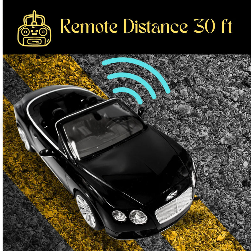 Bentley Continental GT remote control toy car with a remote distance of 30 ft, shown on an asphalt road.