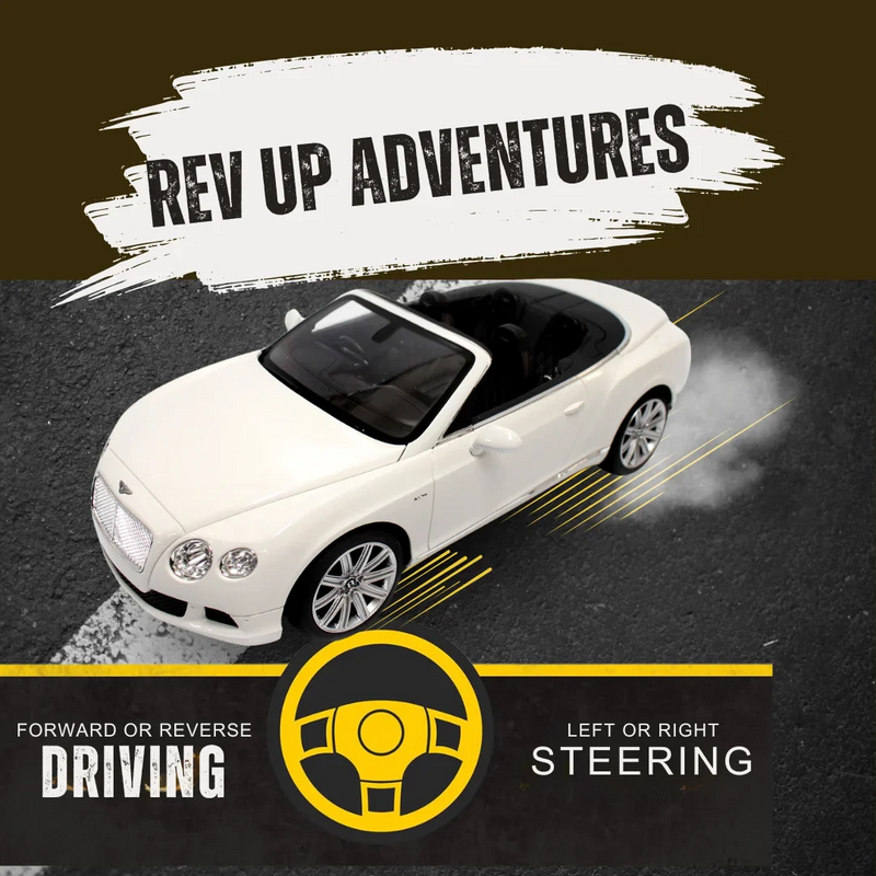 White Bentley Continental RC car showcasing forward and reverse driving with left and right steering.