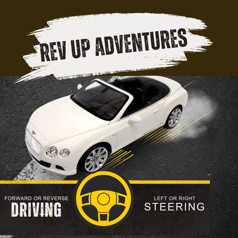 White Bentley Continental RC car showcasing forward and reverse driving with left and right steering.