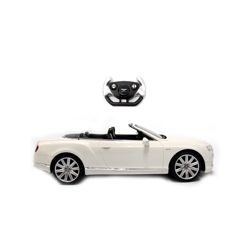 Side view of the Bentley Continental RC car with remote control, showcasing its sleek design.