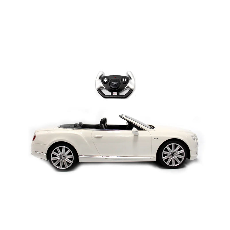 Side view of the Bentley Continental RC car with remote control, showcasing its sleek design.