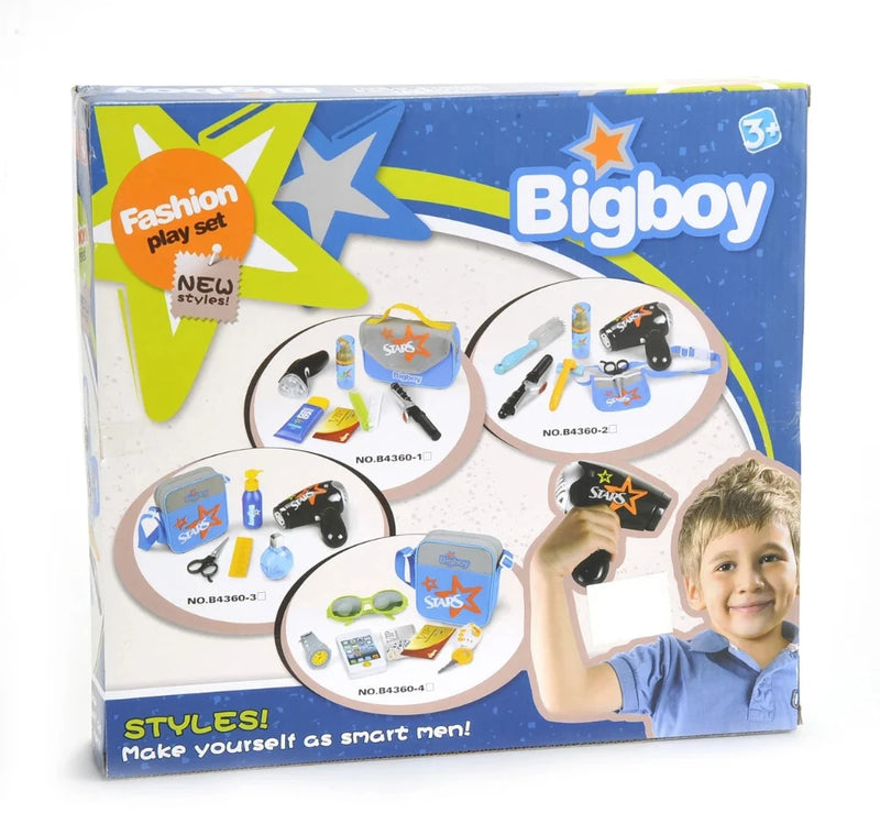 Bigboy Fashion Play Set with hair styling tools, including a comb, scissors, hair dryer, and a travel bag. Ideal toy for imaginative play for children