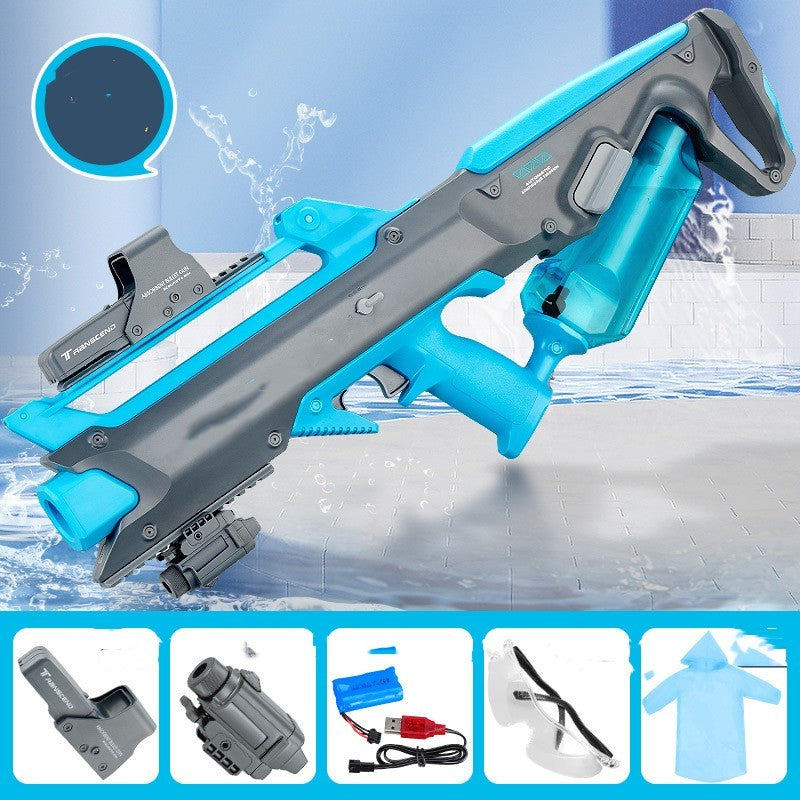 Blue and gray water gun with accessories on a blue and white background