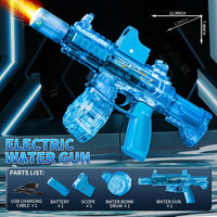 Blue electric water gun with charging cable, battery, scope, water bomb drum, and water gun parts on a dark background.
