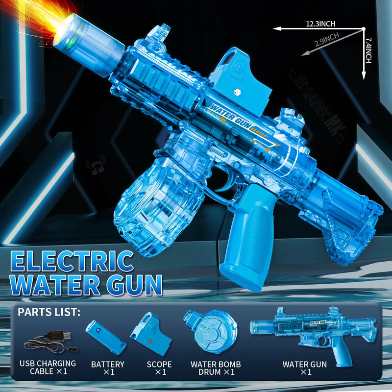 Blue electric water gun with charging cable, battery, scope, water bomb drum, and water gun parts on a dark background.