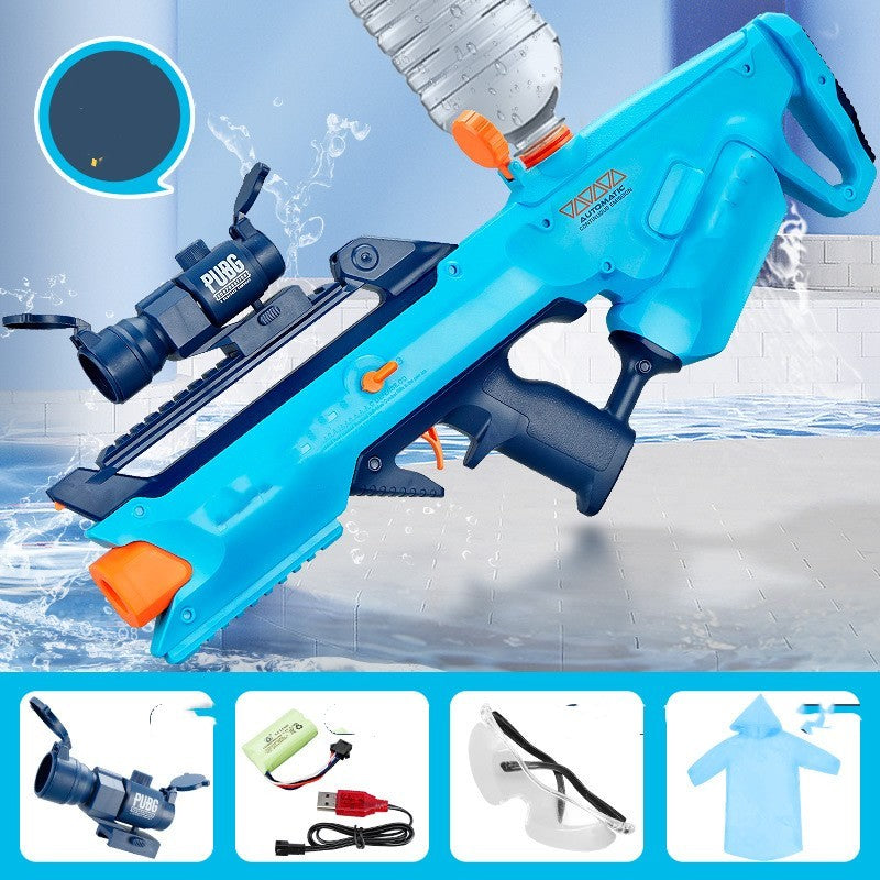Blue water gun with accessories on a blue background