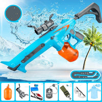 Blue water gun with orange accents on a beach background