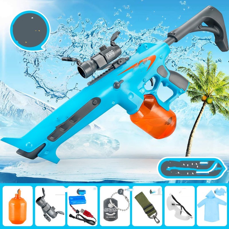 Blue water gun with orange accents on a beach background