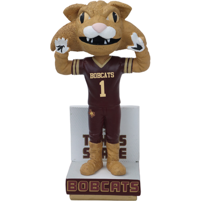 Bobcat mascot figurine in a sports uniform on a white background