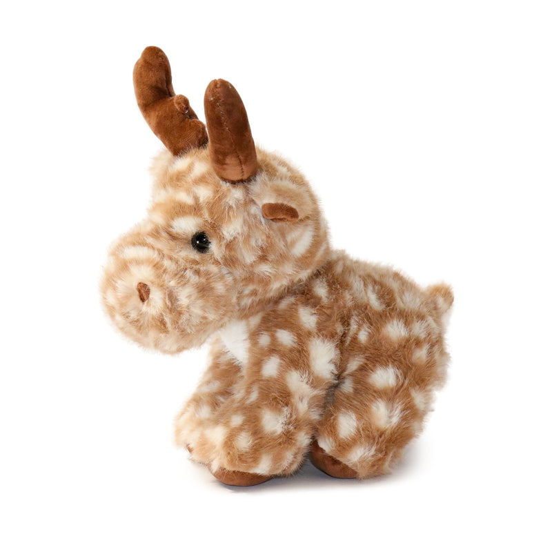 Plush toy resembling a deer with brown and white fur on a white background
