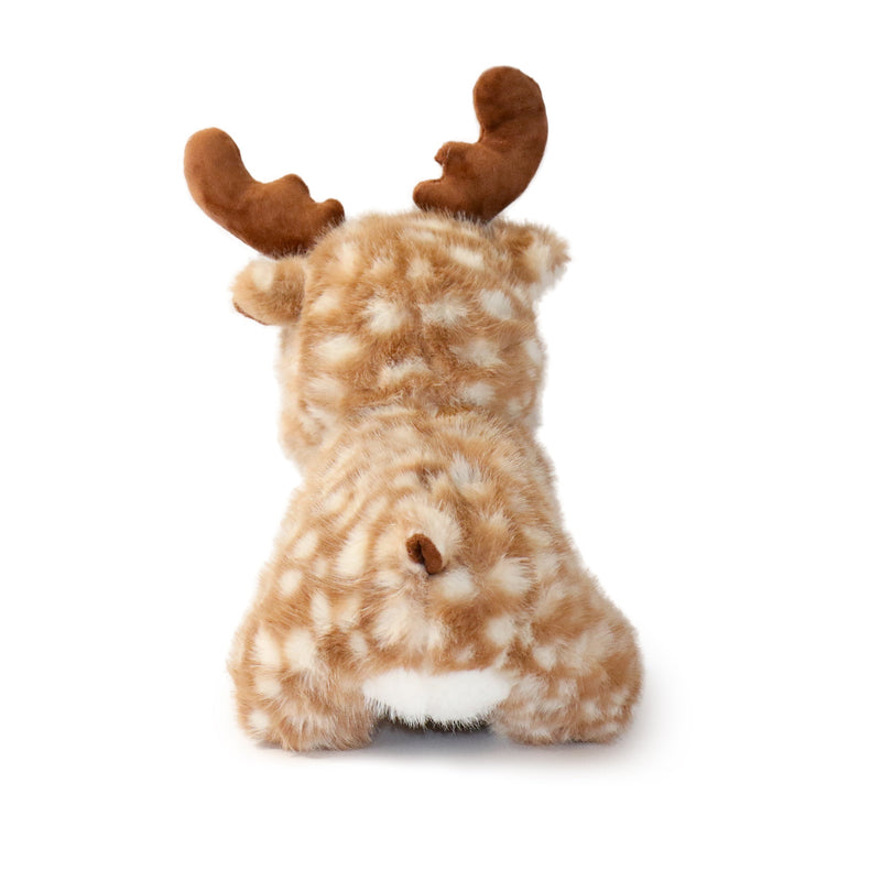 Plush toy resembling a deer with brown antlers on a white background