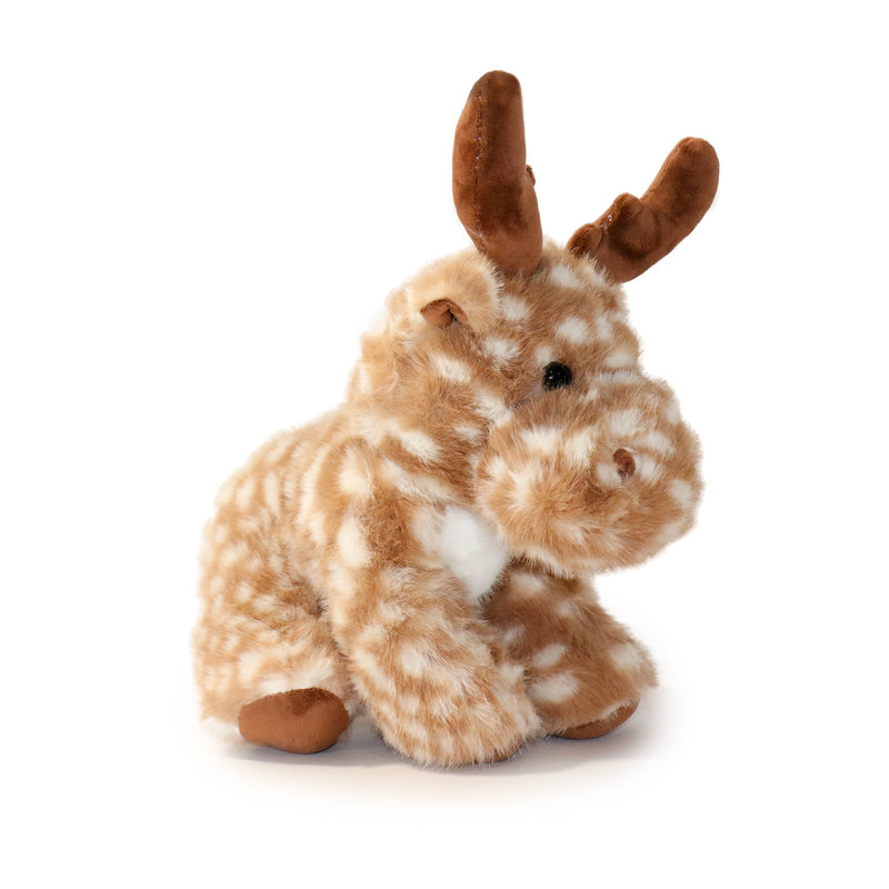 Plush toy resembling a rabbit with spotted fur and brown ears on a white background