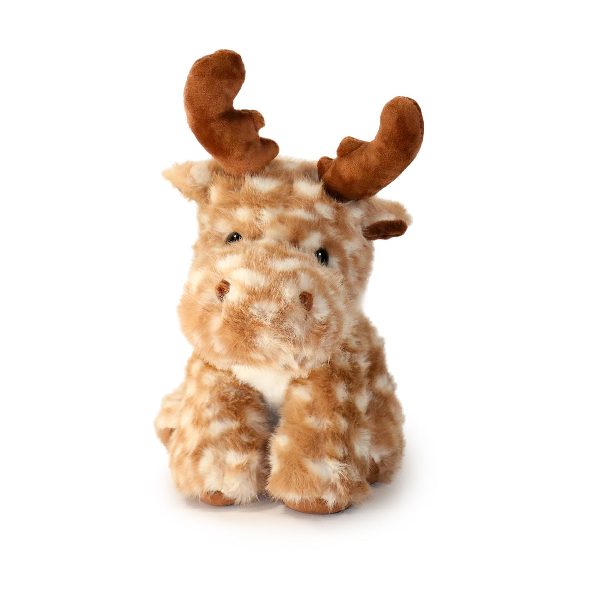 Plush toy reindeer with brown fur and white spots on a white background