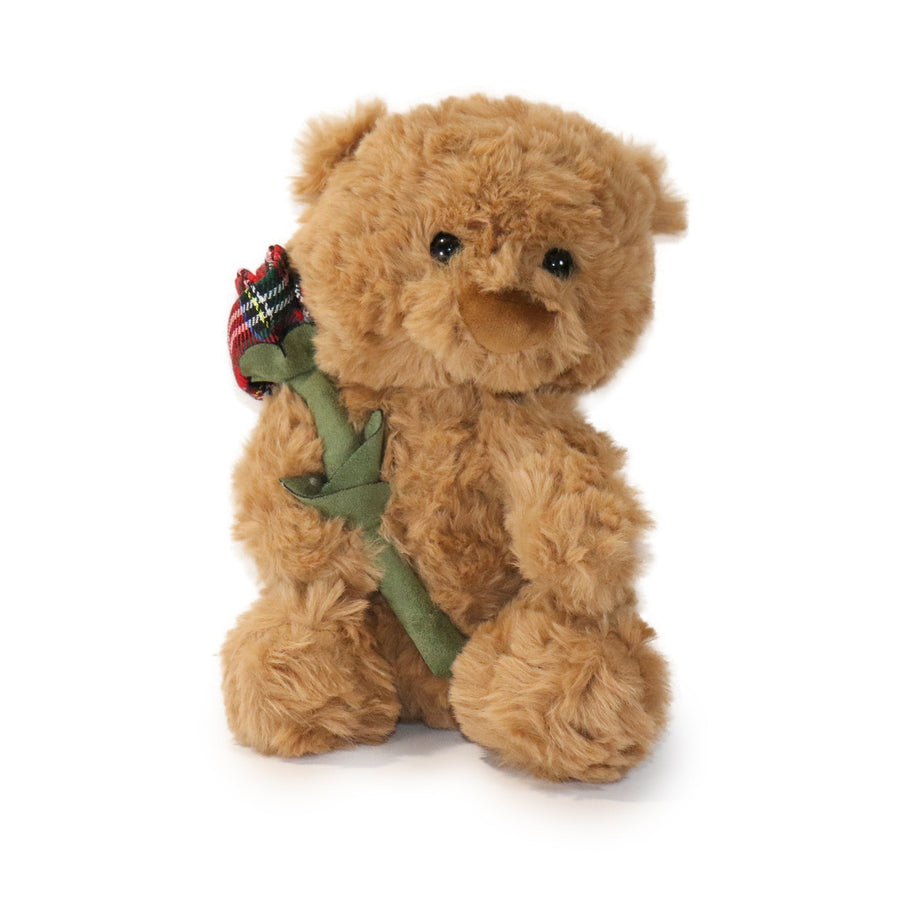 Brown teddy bear holding a rose with a plaid ribbon on a white background