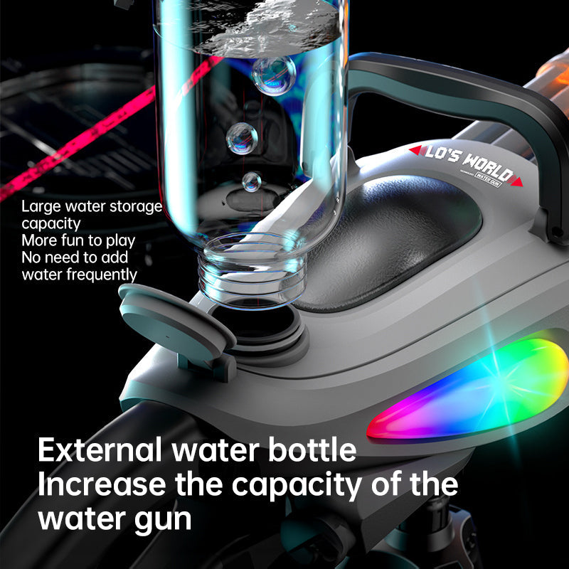 Water gun with external water bottle attachment on a dark background