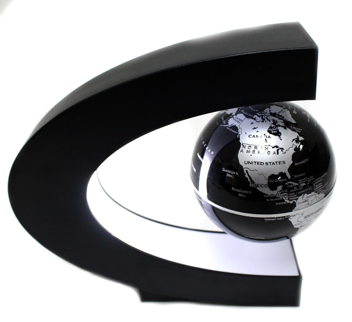 Close-up of the floating earth globe with a glowing LED light feature