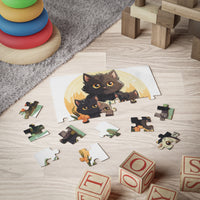 Children's puzzle with black cats and Halloween-themed pieces on a wooden floor, surrounded by toys.