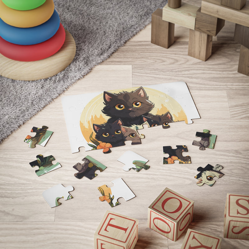 Children's puzzle with black cats and Halloween-themed pieces on a wooden floor, surrounded by toys.