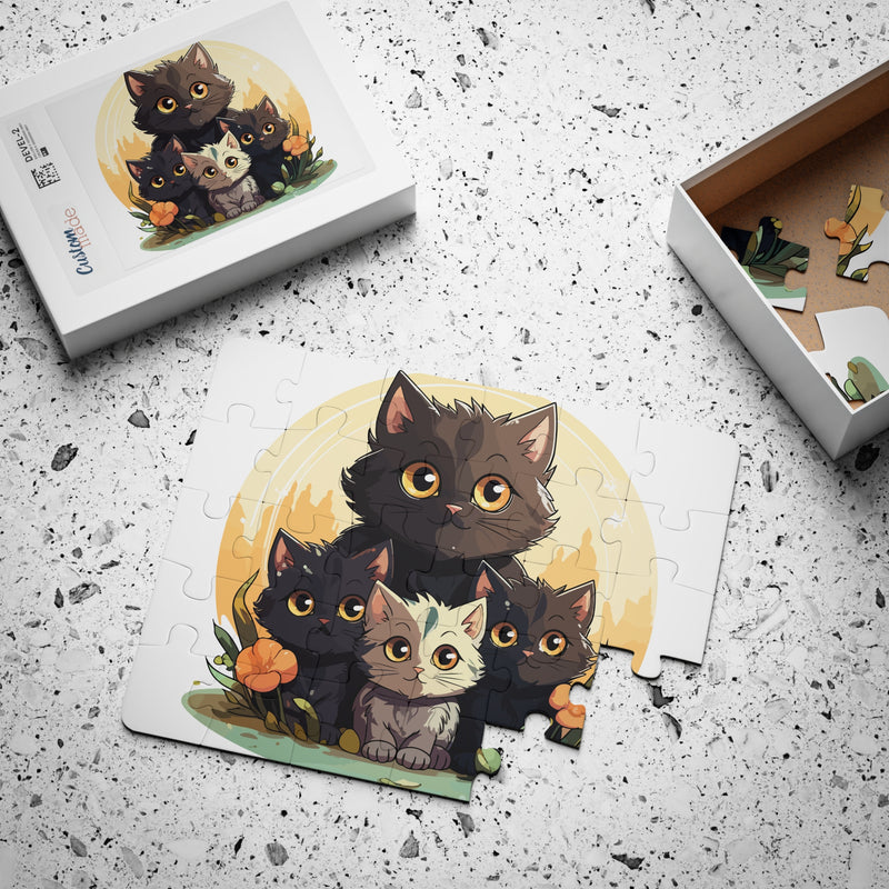 Puzzle of cartoon cats with a box and pieces on a textured surface