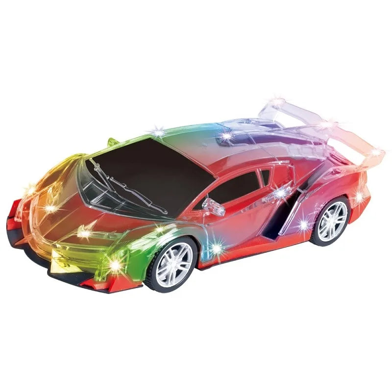 Colorful toy car with LED lights on a white background
