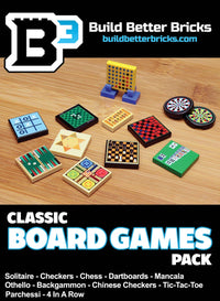 Collection of classic board games on a wooden surface with Build Better Bricks branding.