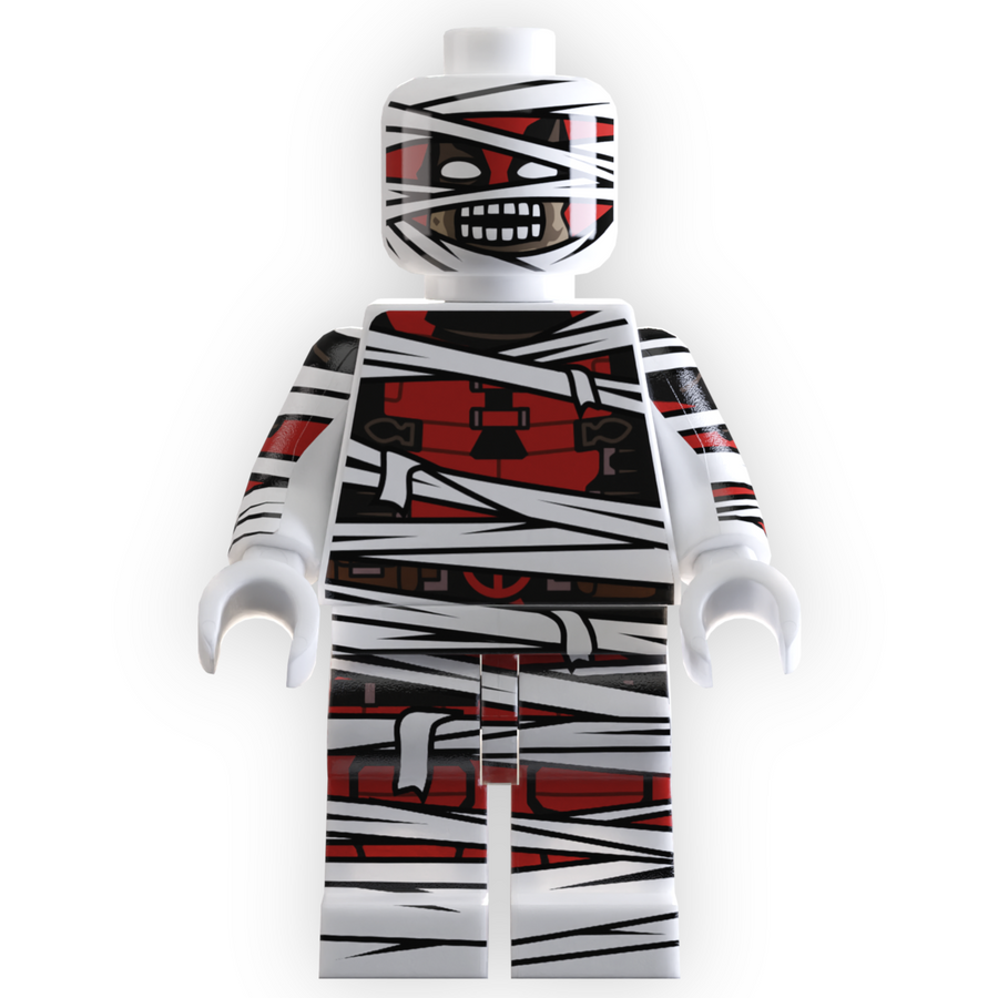 LEGO minifigure with a mummy costume on a white background