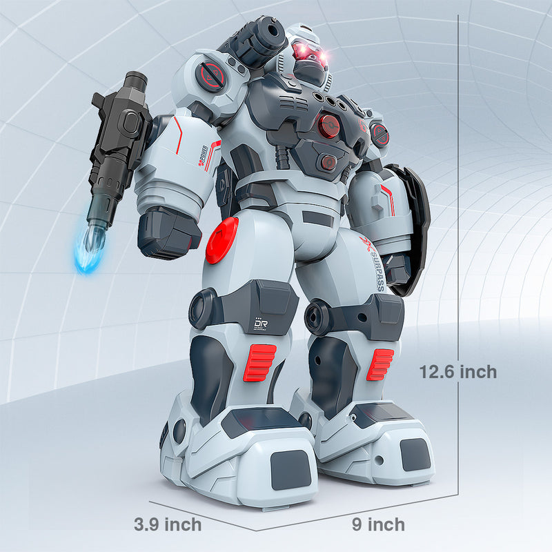 Defender robot toy with displayed dimensions of height, width, and depth in inches.