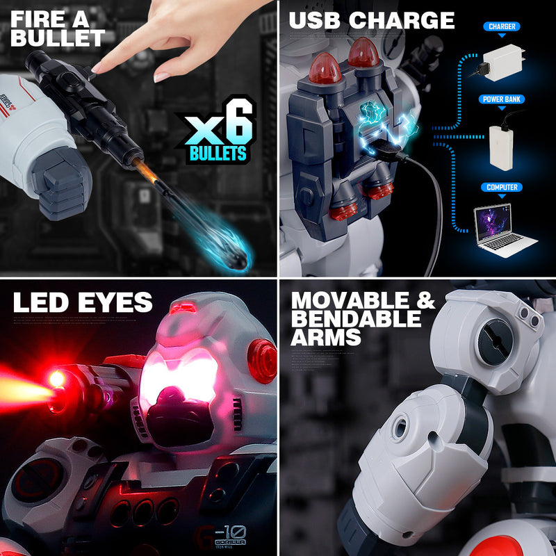 Close-up showing the Defender robot toy's features including firing bullets, USB charging, LED eyes, and bendable arms.