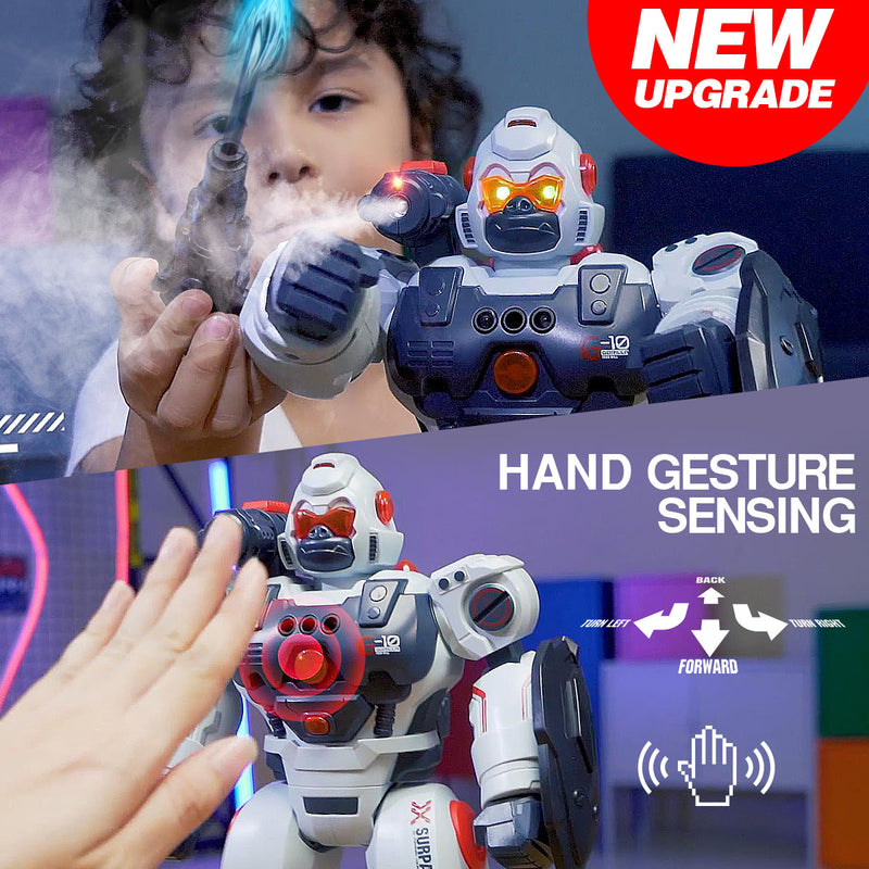 Child controlling the Defender robot toy using hand gesture sensing for movement.