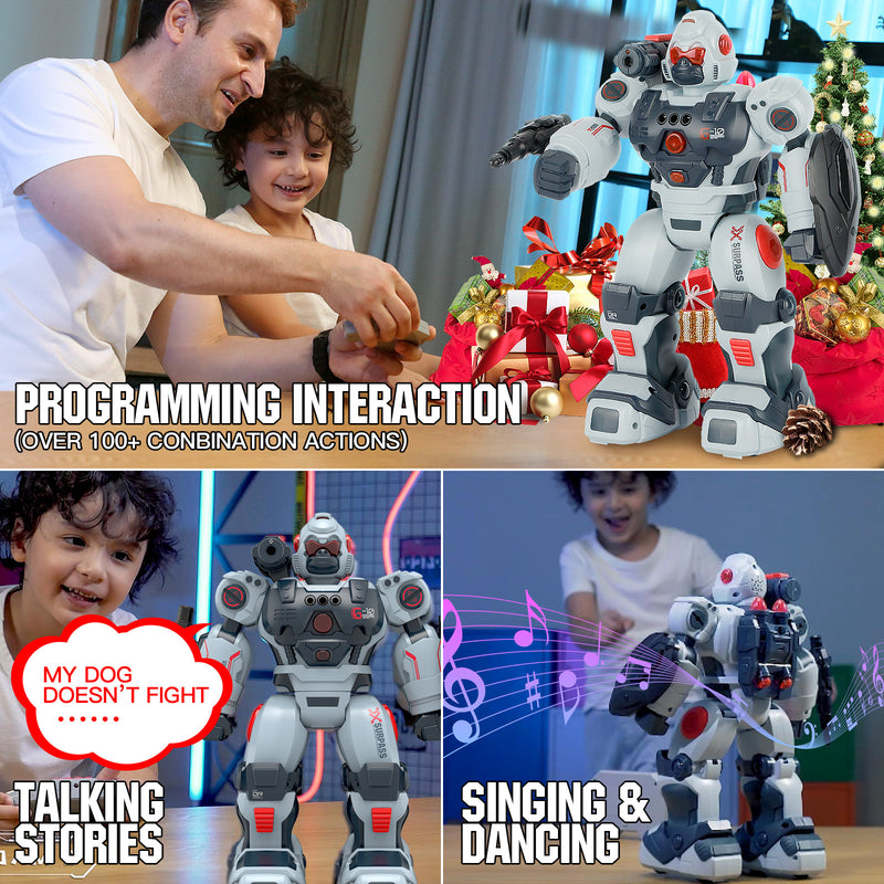 Defender robot toy in action, showing its ability to talk, sing, dance, and perform programmed actions.