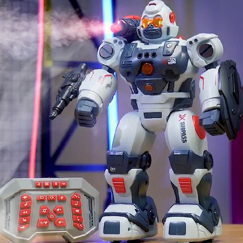 Defender robot toy with fire-bullet effect and a remote control showing its features.