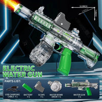 Electric water gun with green accents on a dark background