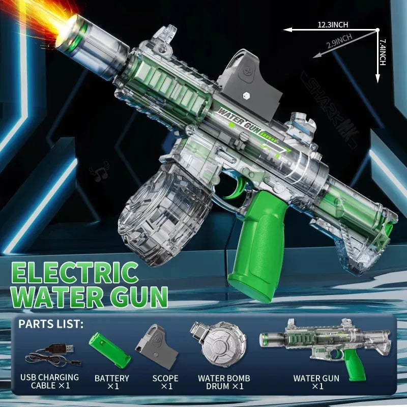 Electric water gun with green accents on a dark background