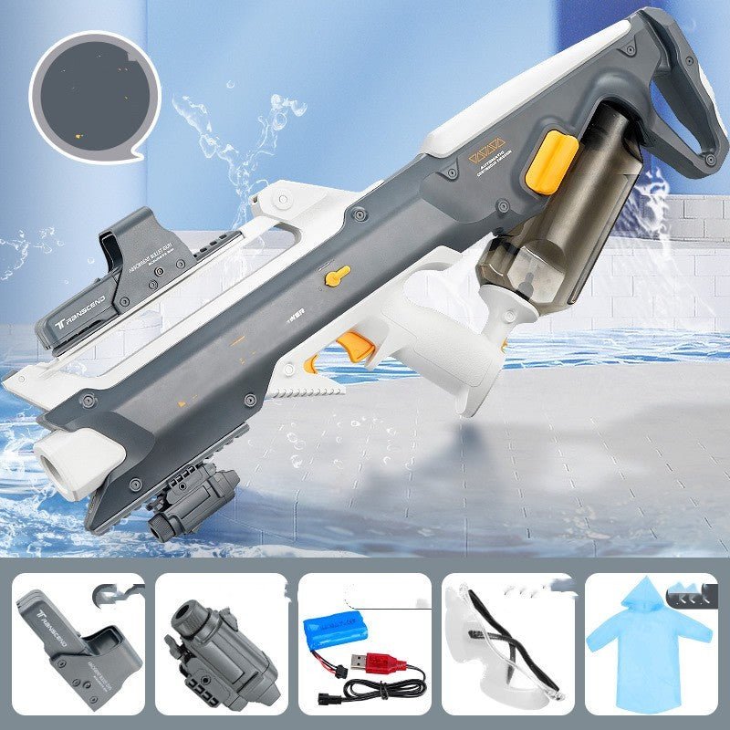 Electric water gun with attachments on a blue water background