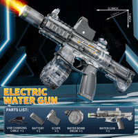 Electric water gun with charging cable, battery, scope, water bomb drum, and water gun parts on a dark background.