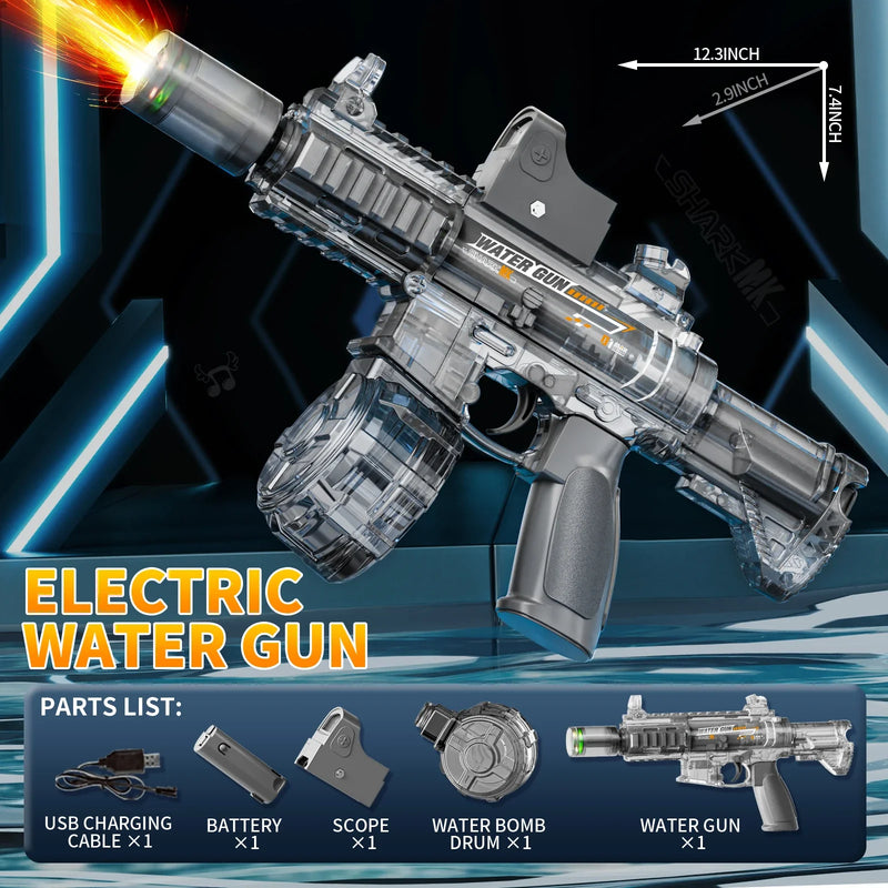 Electric water gun with charging cable, battery, scope, water bomb drum, and water gun parts on a dark background.