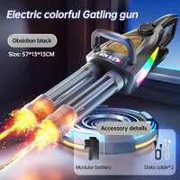Electric colorful Gatling gun with flames and accessories on a dark background