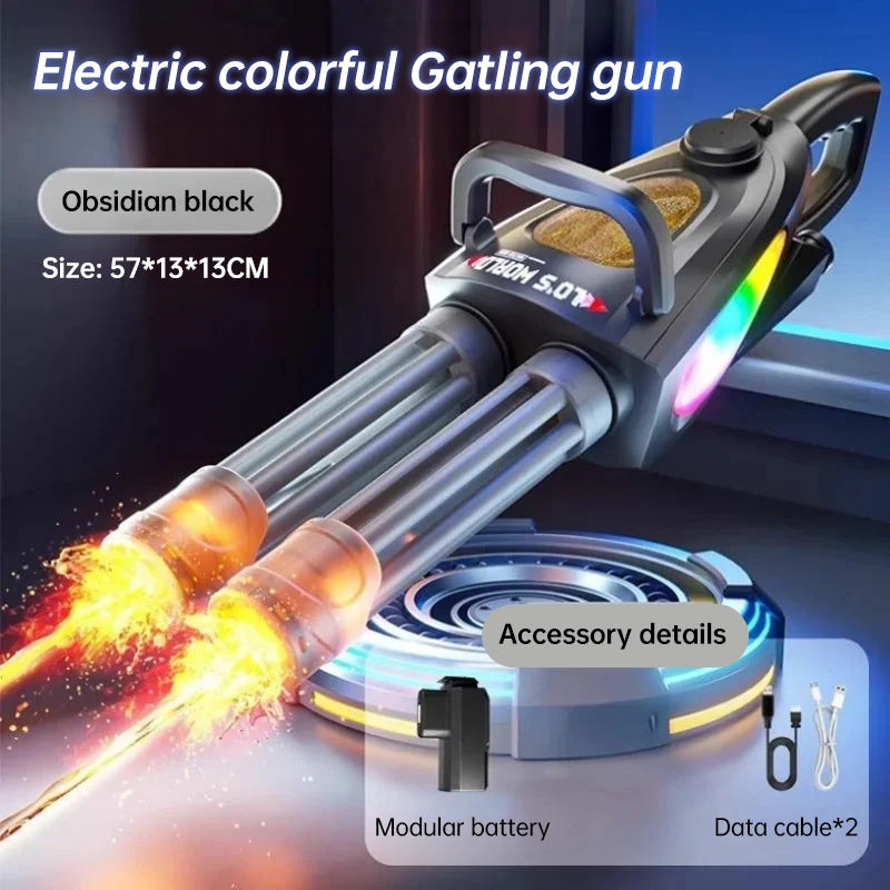 Electric colorful Gatling gun with flames and accessories on a dark background
