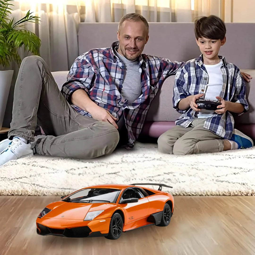 A father and son enjoying a remote-controlled Lamborghini Murcielago toy car inside a cozy living room.